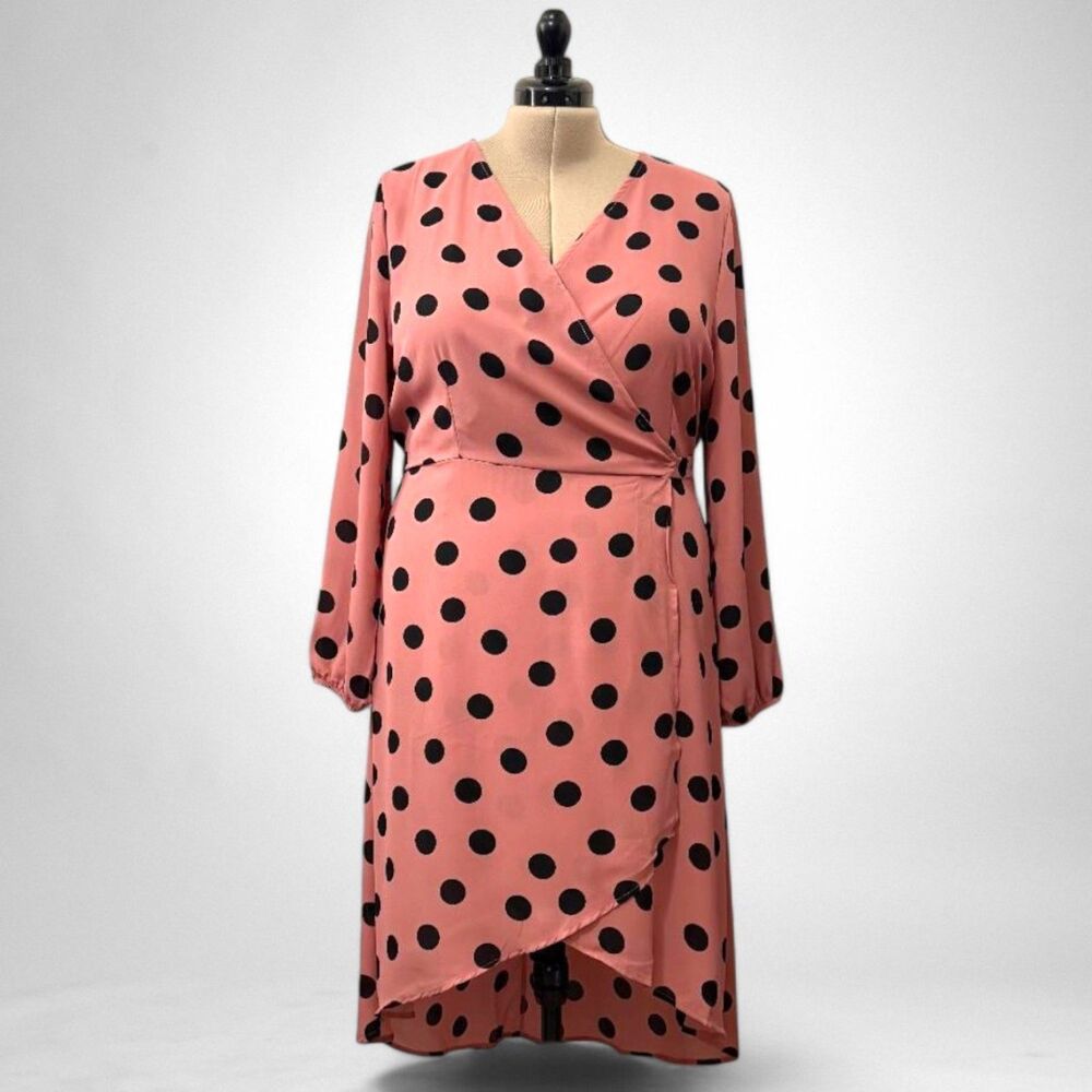 STORY ON Mauve Pink Polka Dot Long Puff Sleeve Wrap Dress, 3XL
